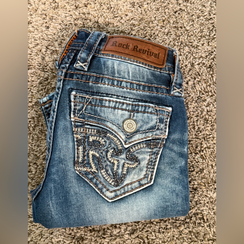 Rock Revival Blue Boot Cut Jeans with White Stitching